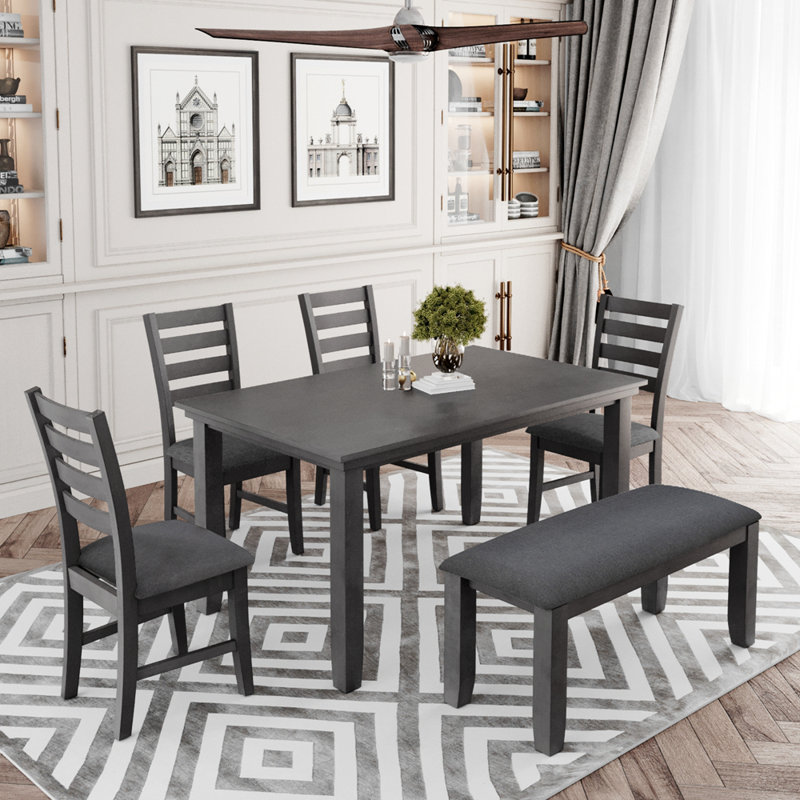 Dining Room Table and Chairs with Bench, Rustic Wood Dining Set, Set of 6, Grey, Grey