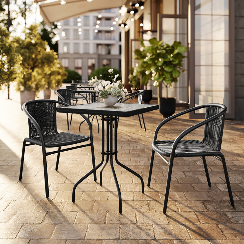 Boswell 23.5" Square Glass Metal Table with 2 Rattan Stack Chairs
