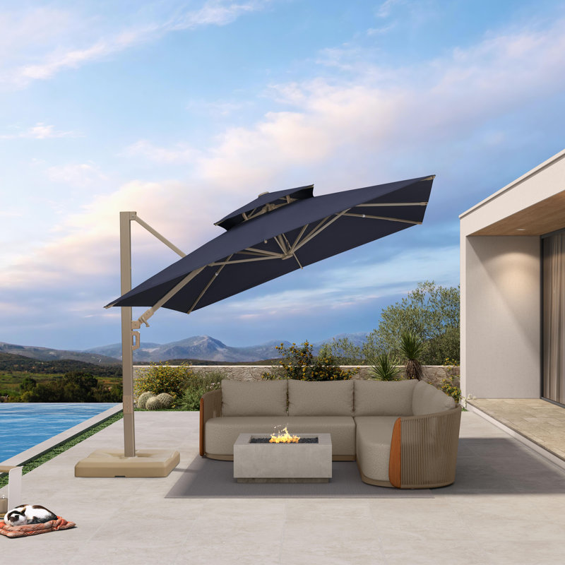 Grand parasol en porte-à-faux carré de 10 pi avec base et rotation à 60 degrés, Navy