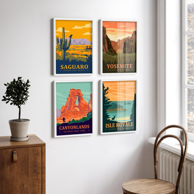 " Saguaro & Yosemite National Park Poster Vintage Style Illustrations Wall Decoration " 4 - Pieces