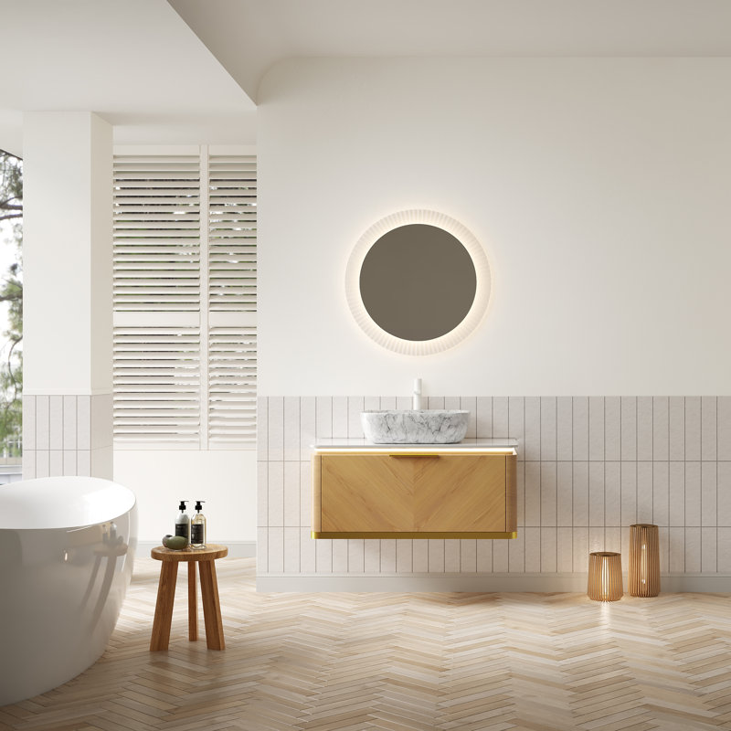 Meuble-lavabo flottant 36 po, armoire en contreplaqué à grain de bois espresso avec tiroir en sergé, poignée et capteur de lumière, comptoir en pierre frittée et vasque en céramique à motif marbré, pré-assemblée