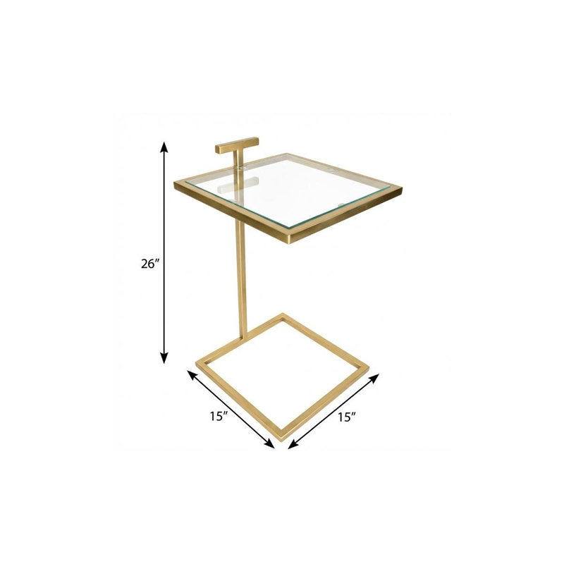 Table de bout carrée en fer trempé transparent et doré 26 po