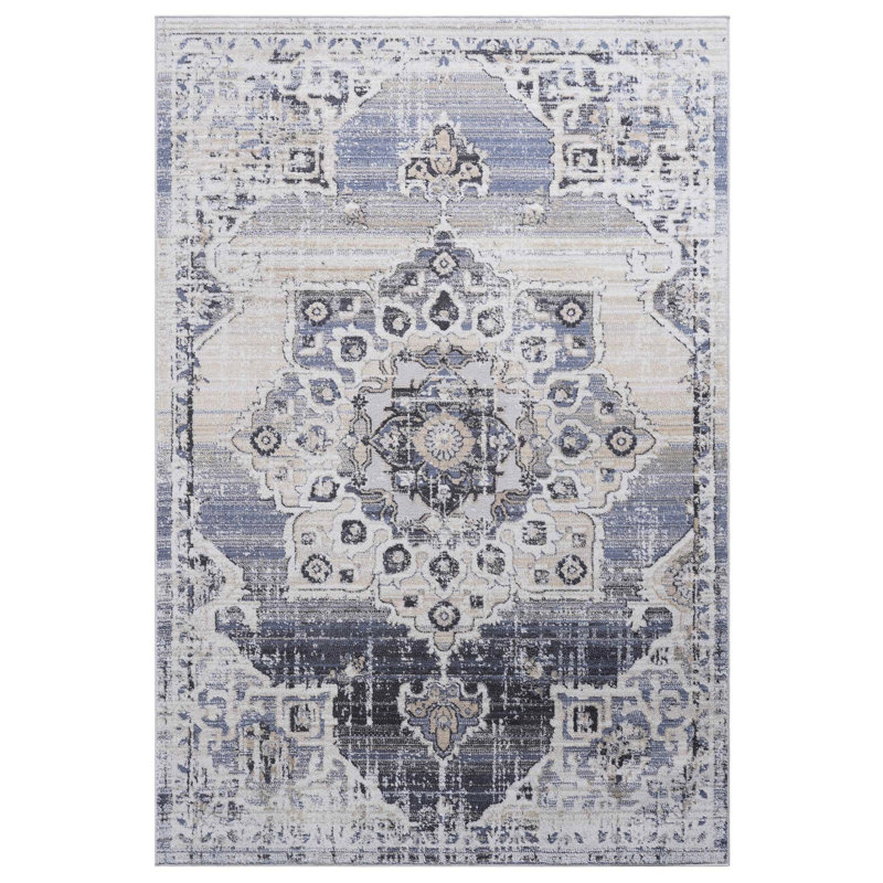 Tapis 5 x 7, métier à tisser et collection, médaillon crème / bleu, ne perd pas ses poils, teinture, s'adapte au motif de médaillon de bureau à domicile, améliore la chambre de bébé