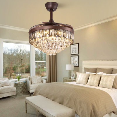 Kaelig 42" Crystal  Invisible Ceiling Fan Light with Remote Control, Retractable Fan Blades