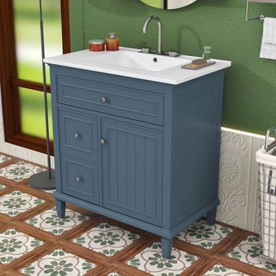 Meuble-lavabo autoportant moderne avec lavabo en céramique, tiroir rabattable et tablette réglable