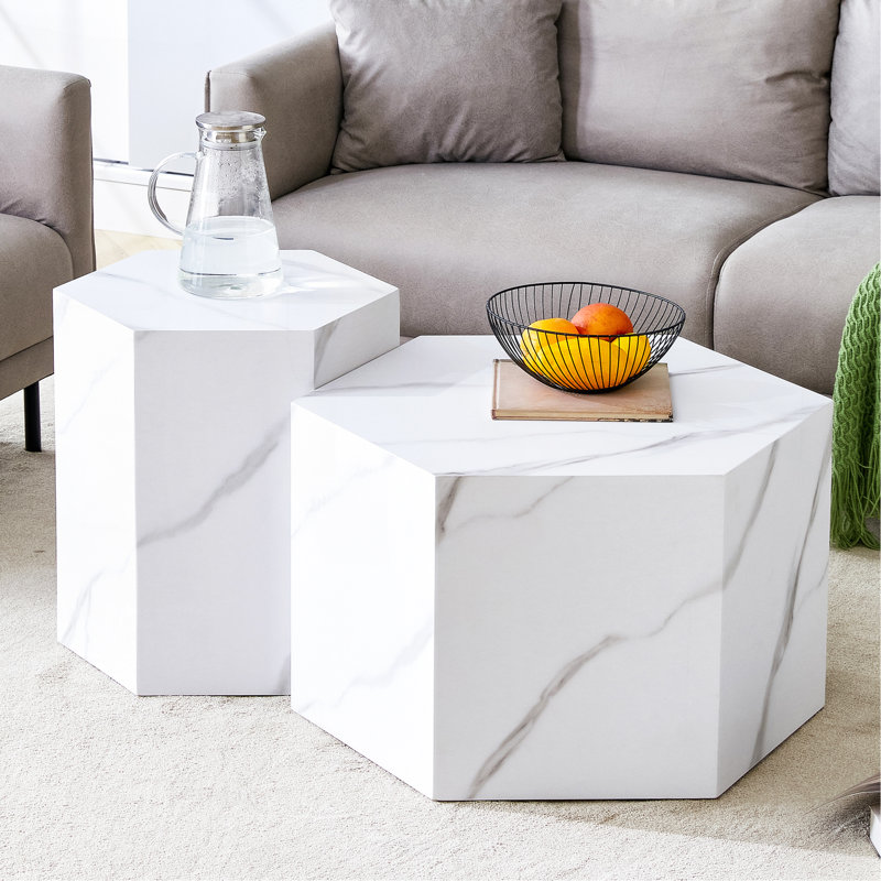 Modern Minimalist Style White Marble Patterned MDF Coffee Table Set  .Complex Texture Patterns