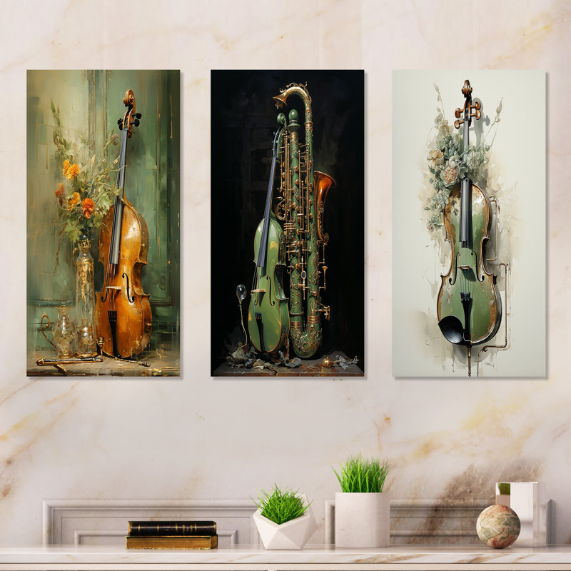 Basson beauté opulente olive - ensemble de 3 impressions de musique en métal, H 32 po x l 48 po
