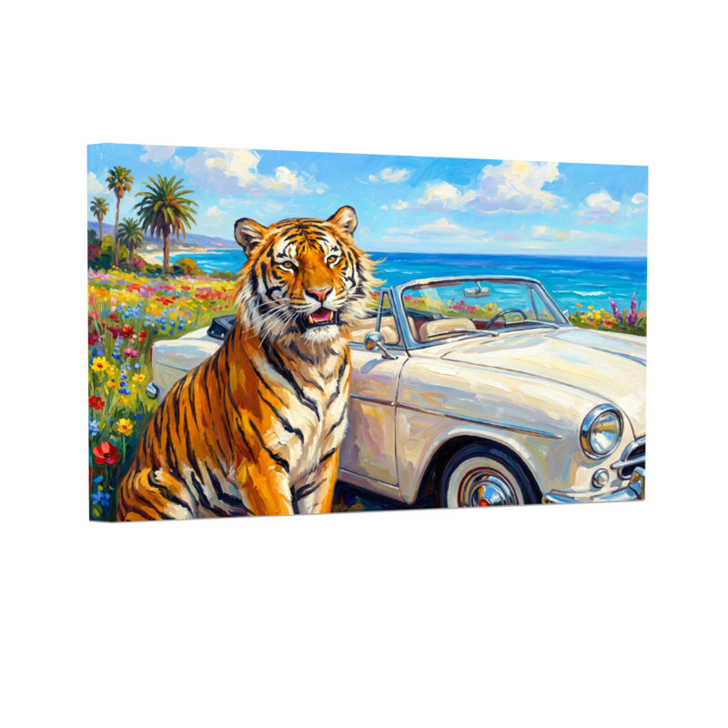Animaux, tigre à côté d'une voiture classique, scène de plage