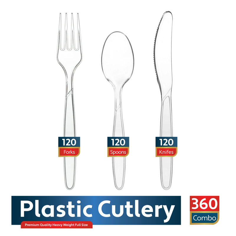 Ensemble de couverts jetables en plastique, 120 fourchettes en plastique transparent, 120 cuillères en plastique, 120 couteaux en plastique, 