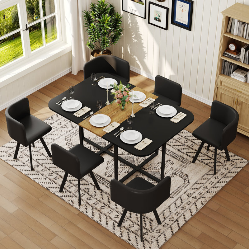 Ensemble de table de salle à manger 7 pièces avec 6 chaises en polyuréthane noir, table de cuisine rectangulaire à deux tons noir et grain de bois (planche de triamine), ensemble de mobilier de salle à manger moderne pour petit espace, appartement, restaurant