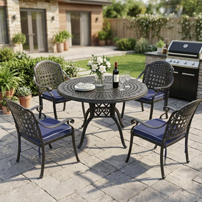 5 Pieces Patio Dining Sets With Umbrella Hole& Cushions For Outdoor Backyard Vintage Round Cast Aluminum Table Chairs,Blue