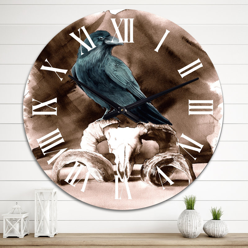 Raven assis sur un crâne de bélier - Horloge murale traditionnelle, Grand