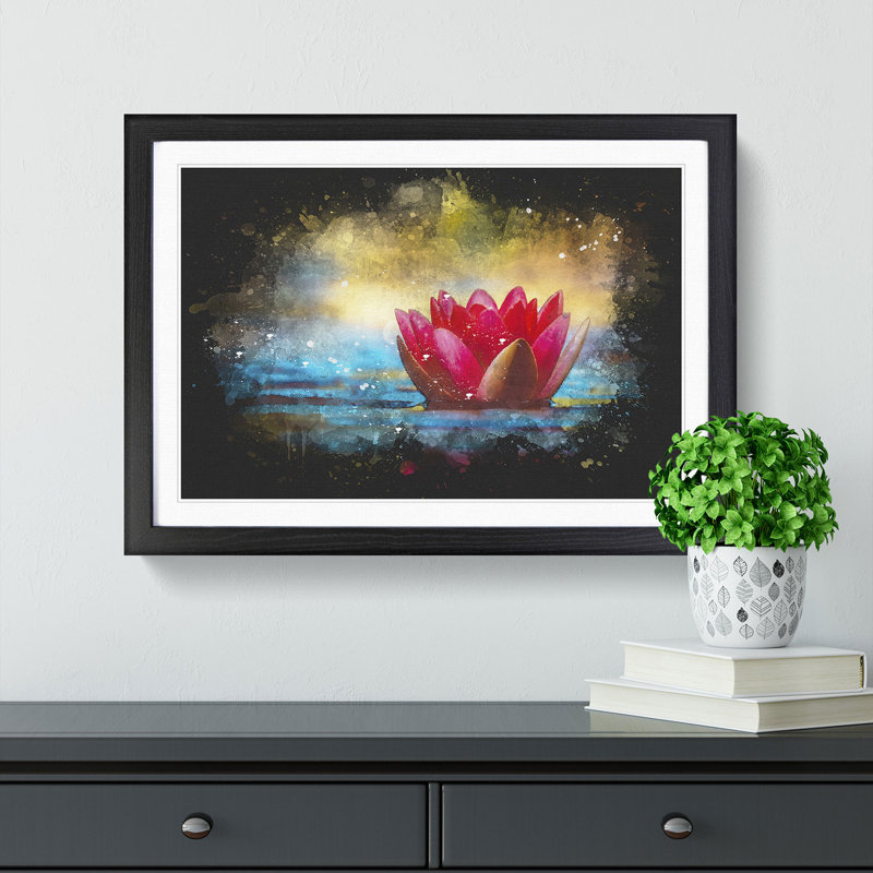 Pink Water Lily Flower Paint Splash - Picture Frame Graphic Art, Black Framed, 45cm H x 63cm W x 2cm D
