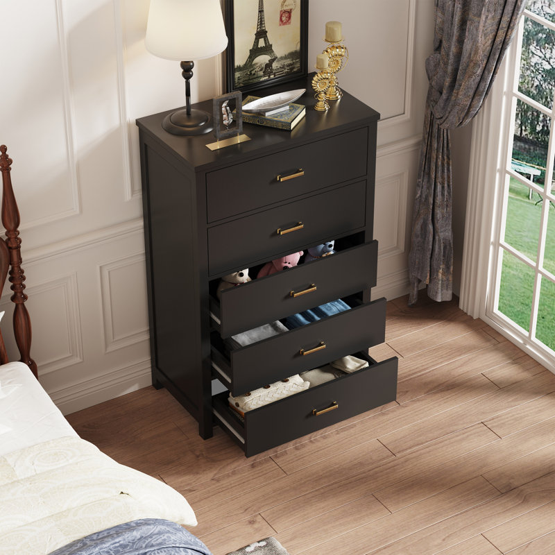 Commode à 5 tiroirs en bois massif de style Mid-Century avec tiroirs coulissants, Noir