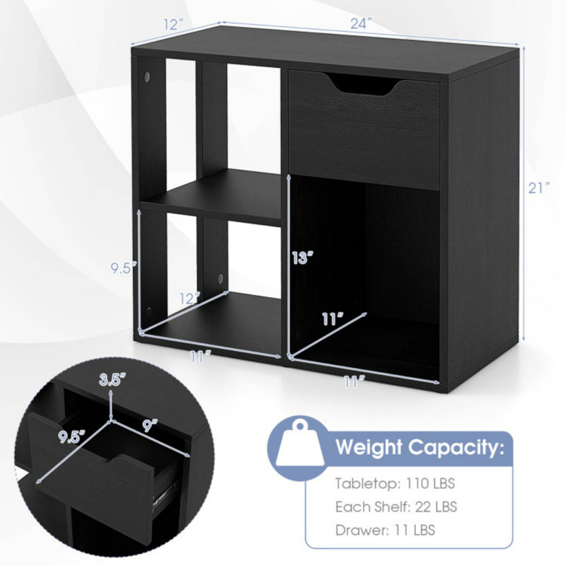 3-Cube Bookcase 2-tier Wooden Storage Shelf with Pull-out Drawer, Black