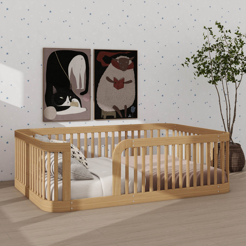 Base de lit double Montessori, avec barrière de sécurité, Naturel