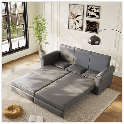 Chesterfield Sofa,93.7" King Pull Out Sofa Bed,3-in-1 Faux Leather Convertible Sleeper Sofa with Nailhead Trim & Rolled Arm,Multi-Functional Sofa Bed for Living Room,Bedroom