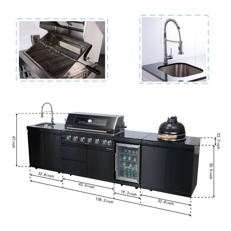 Îlot de cuisine avec barbecue au gaz propane à 6 brûleurs de 128 po de large, rôtissoire, gril Kamado, réfrigérateur et évier extérieur
