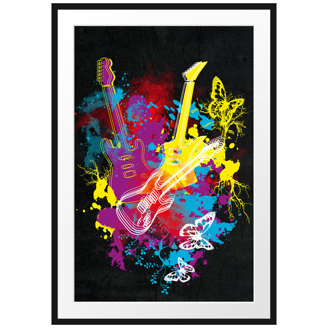 Gerahmtes Poster Guitar Splatter Black