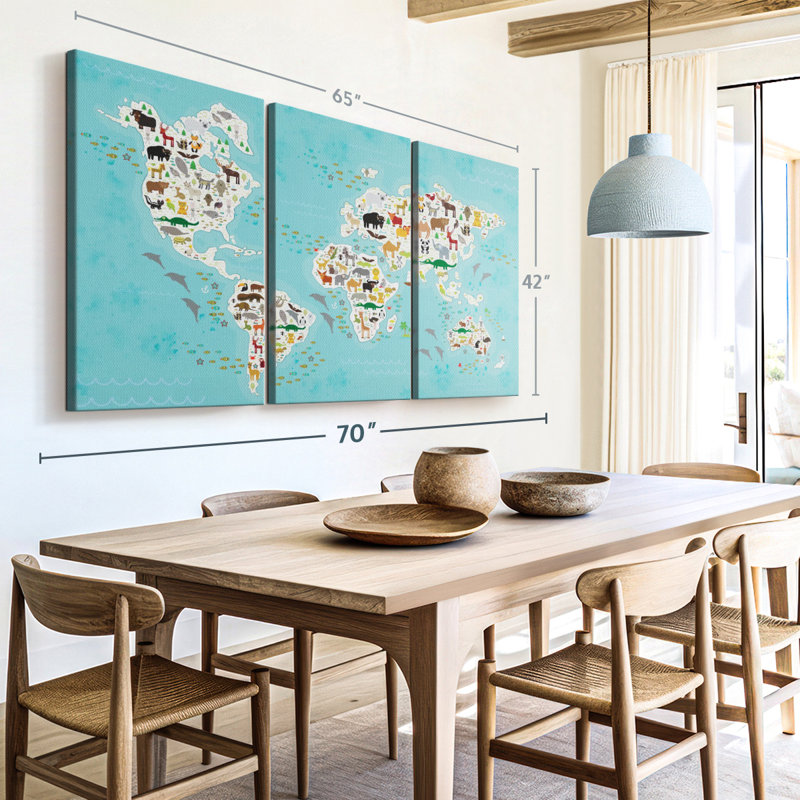 "Mignon animaux, carte du monde, art mural" sur toile, H 42 po x l 65 po x P 1,25 po