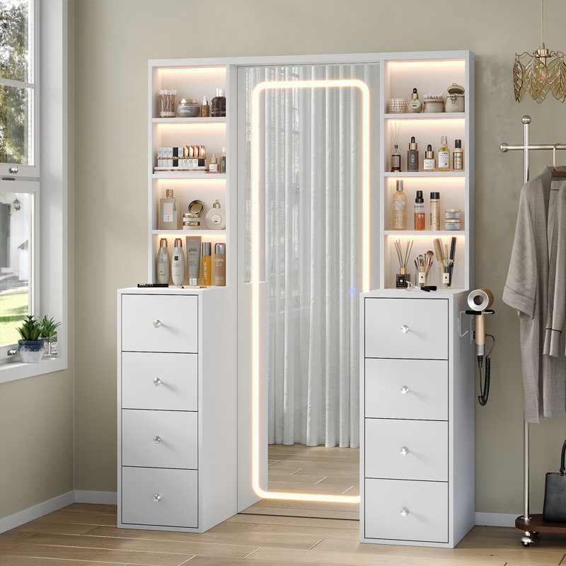 vanity Desk With Full Length LED Mirror, 3 Lighting Modes, Makeup vanity With Power Outlet, 8 Drawers vanity Table , Makeup Table With Shelves