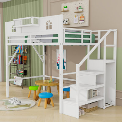 Metal Loft Bed With House-Shaped Guardrails, Built-In Staircase And Under-Bed Wardrobe