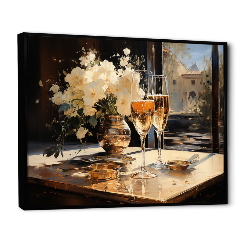 Champagne Blooms Bubbles And Bliss I - Champagne, art mural, Cadre flottant noir, H 34 po x l 44 po x P 1,5 po