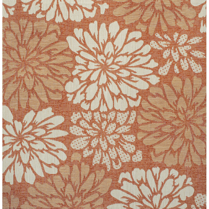 Zinnia Modern Floral Textured Weave Orange/Cream Indoor/Outdoor Rug, Square 5'3"