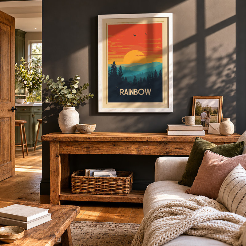 Mountains at Sunrise Retro - Framed Print, A2 - 59.4 x 42.0 cm, White