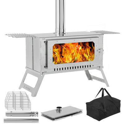 Grand réchaud de camping portatif chauffant au charbon en acier inoxydable avec filet grill - Conception pliable, verre de présentation, 5 tuyaux de cheminée, sac de transport - idéal pour le chauffage extérieur, la cuisine, la survie