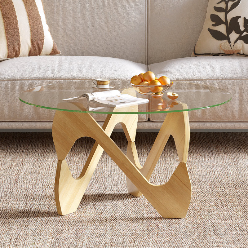Table basse ronde avec pieds en bois massif, table minimaliste pour le salon, Clear Top/Oak Base
