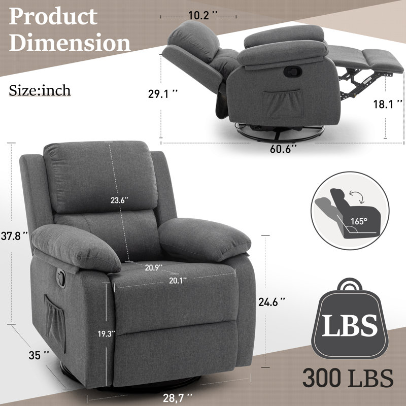 Gray Fabric Swivel Recliner with Side Pockets