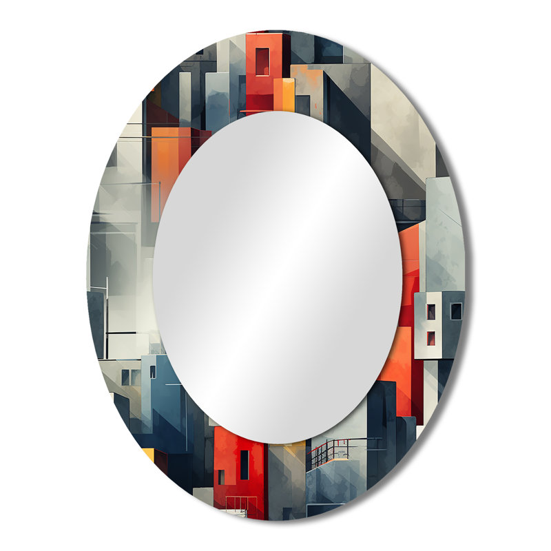 Grey Cubic Striped Wall Pattern - Gray Oval Wall Mirror Decor, 43" H x 33" W