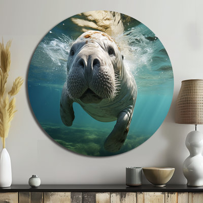 Portrait de lamantin gris turquoise - animaux, art en métal rond