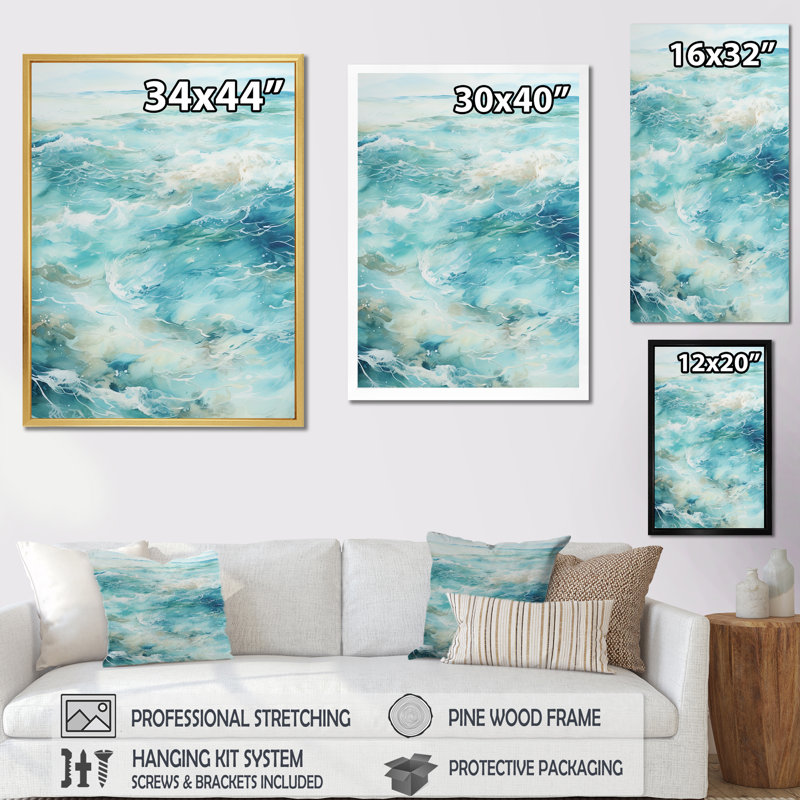 «Ocean Minimal Waves Charm II», reproduction sur toile, Cadre doré simple, H 32 po x l 24 po x P 1 po