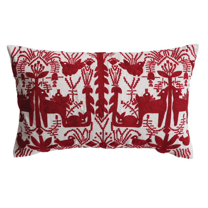 Coussin lombaire brodé en coton rouge et naturel