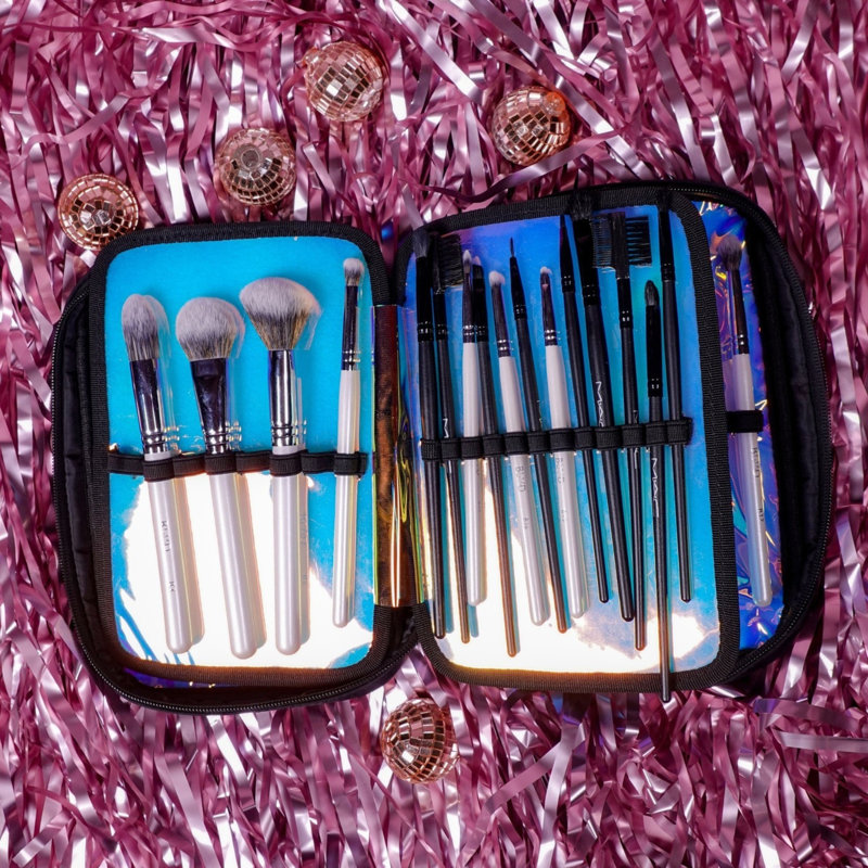 Slim Brush Holder Case with 4 Sections Zippered Cosmetics Bag Organizer for Traveling Makeup