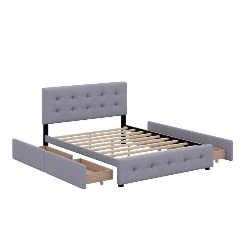 Grand lit plateforme tapissier avec tête de lit classique et tiroirs, Light Grey