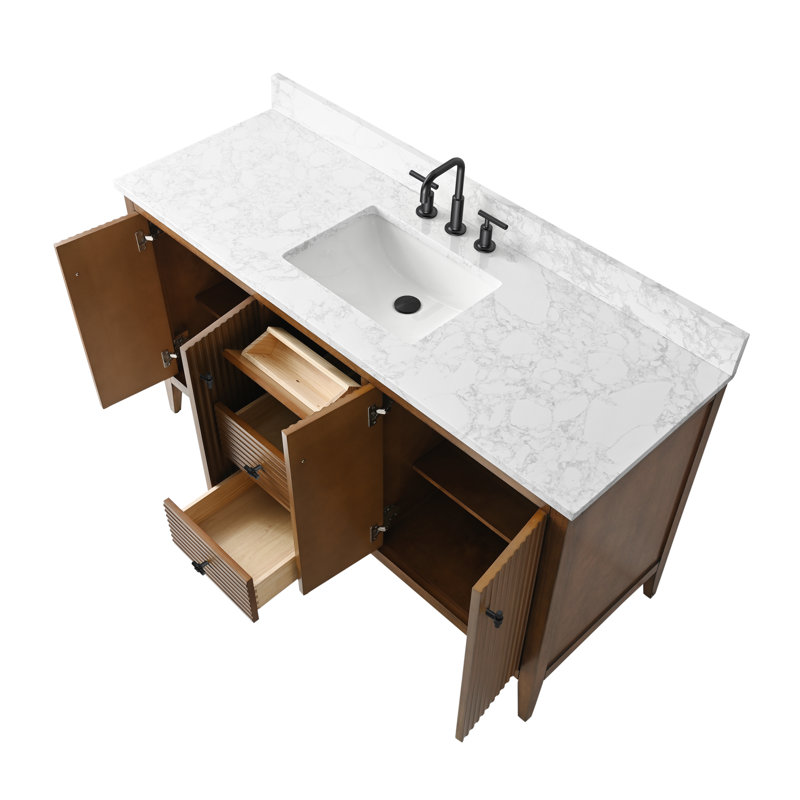 Meuble-lavabo simple 60 po avec plateau en marbre d'ingénierie 60 po, Noyer linéaire, Noir mat