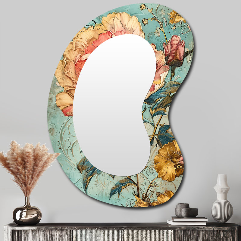 Gerharde Pink Peony Retro Blue Illustration - Peony Asymmetrical Unique Wall Mirror Decor, Gold Unique Shape Large Mirror, Printed Metal Art