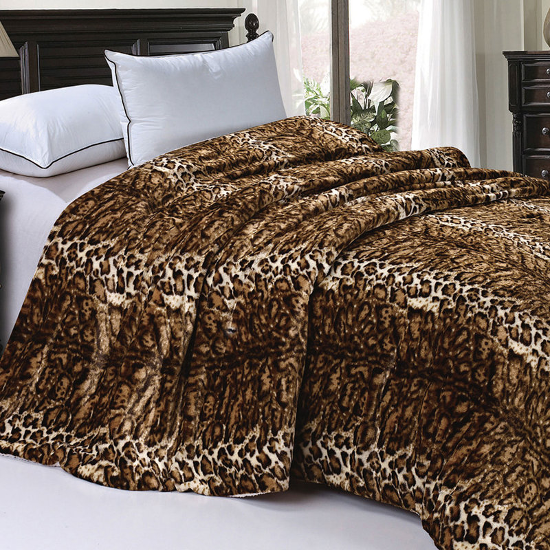 Queen Size Brown Leopard Faux Fur Sherpa Reversible Blanket