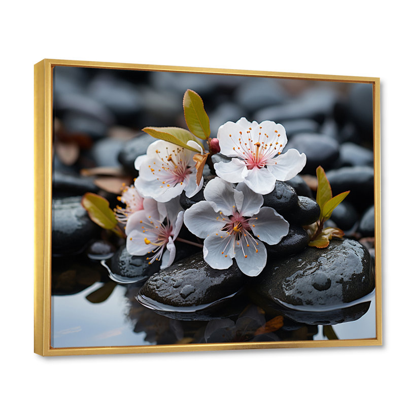 Magnolias blanches sur des roches de rivière - impressions d'art sur lis, Cadre flottant doré, 34" H x 44" W