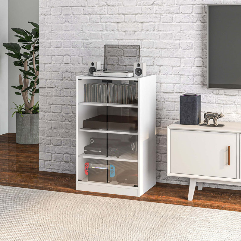 Media Cabinet, 4-Tier Stereo Cabinet, Modern Audio Video Media Stand With Adjustable Shelves, Tempered Glass Doors, And Cable Management