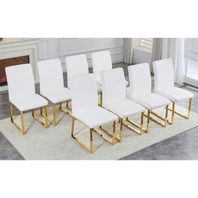 8 Chair , Heavy-duty With 2.1" Thick Cushion, Iron Frame, White+gold, Pu Leather, Medium Foam, Legs, Ergonomic Back Support, Modern Square Shape, Easy Assembly, Multi-functional Use In Office And