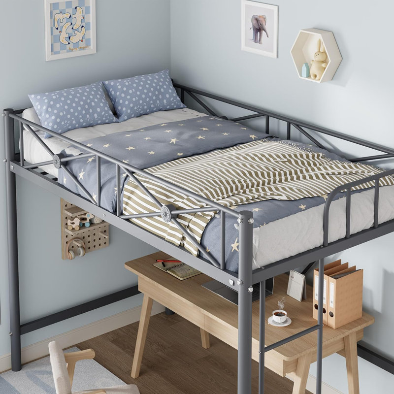 Twin Size Grey Industrial Heavy Duty Metal Loft Bed With Safety Guard Rails Space Saving Steel Design For School And Bedroom