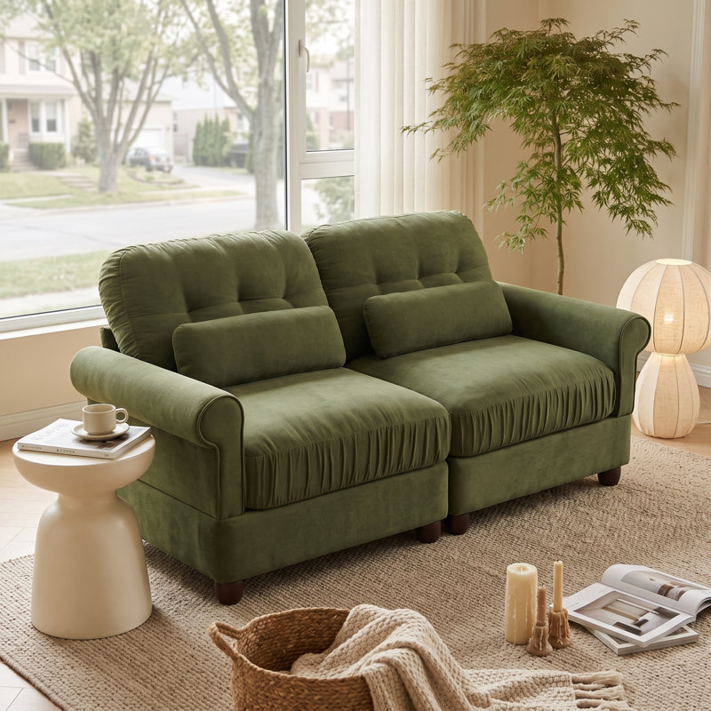 Canapé modulable 2 places d'inspiration vintage en chenille à volants, dossier capitonné, accoudoirs arrondis et coussins lombaires, vert