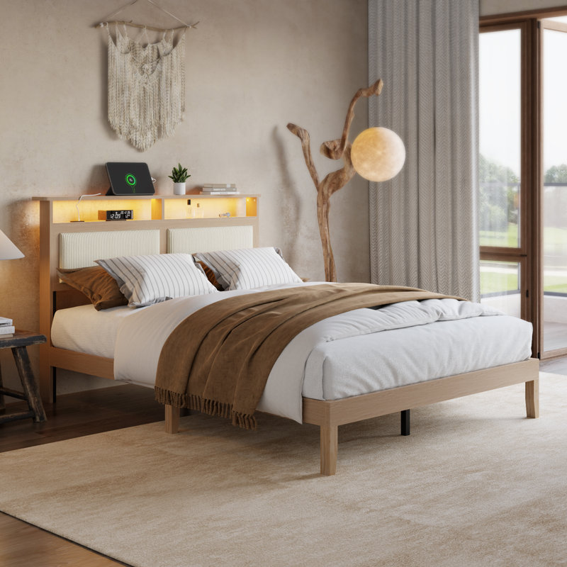 Cadre de grand lit avec tête de lit tapissier en velours côtelé, cadre de lit plateforme grand avec lumières DEL et rangement, support de lattes en bois robuste, sommier à ressorts, aucun sommier nécessaire