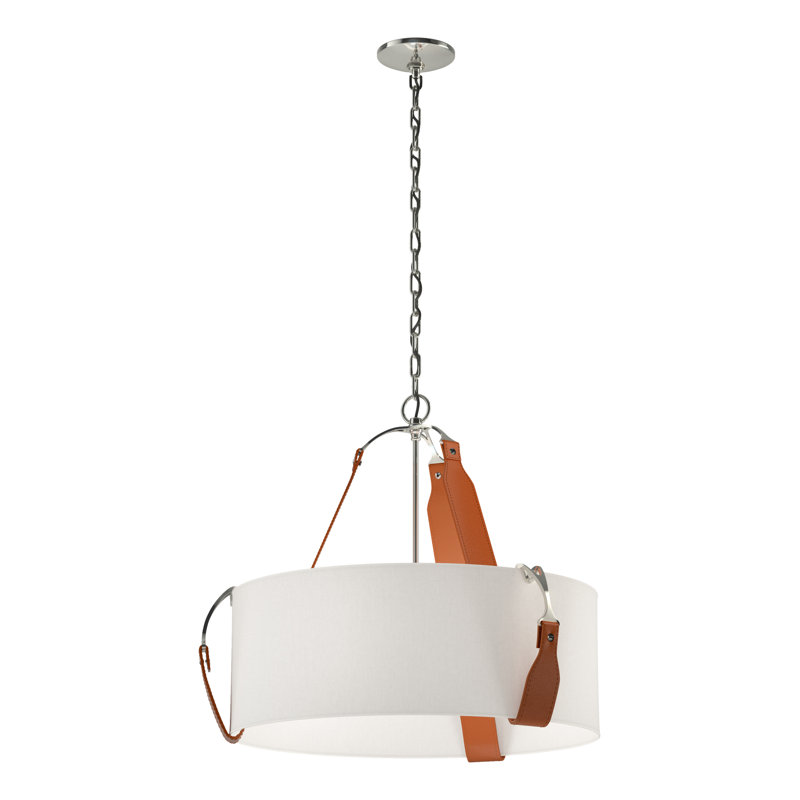 Saratoga 3 - Light Drum Pendant, Flax Shade, Antique Brass, British Brown Leather