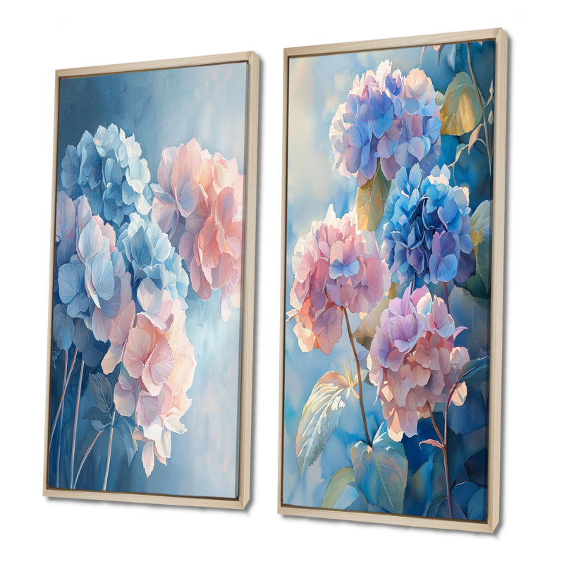 Hortensias dans la lumière du matin I - Collection d'art mural floral 2 pièces, Cadre crème crème, 32" H x 33" W