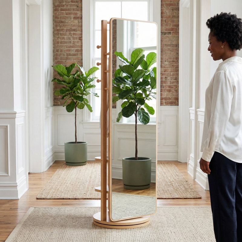 360° Rotating 66“ X 14” Multi-Function Full-Length Mirror With Hooks, Space-Saving Design For Bedrooms/Living Rooms/Walk-In Closets (Natural Wood Finish)